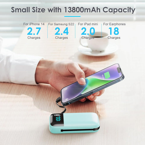 Portable Charger with Built in Cables,Ultra-Compact 13800mAh PD Fast Charging USB C Power Bank,4 Output LCD Display Battery Pack Compatible with i...