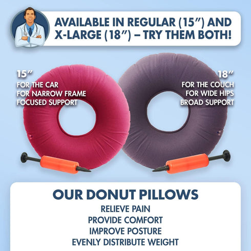 Dr. Frederick's Original Donut Pillow - 18" Inflatable Donut Cushion for Tailbone Pain Relief - Seat Cushion for Hemorrhoids, Bed Sores, Prostatit...