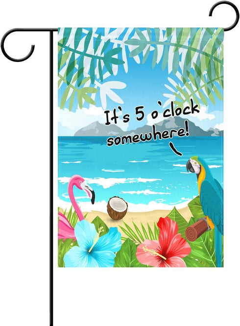 ALAZA Duble Sided Flamingo Parrot It's 5 o'clock Somewhere Tropical Flowers Palm Coconut Beach Ocean Island Polyester Garden Flag Banner 12 x 18 I...