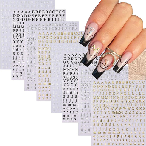 Letters Nail Art Stickers English Alphabet Nail Decals 3D Self-Adhesive Metallic Gold Silver Nail Sticker Black White Letter Nail Art Supplies for...