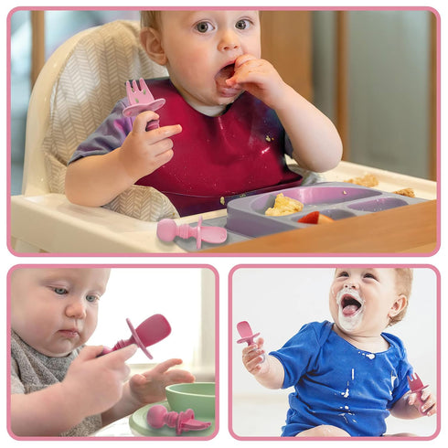 Silikong Silicone Utensils, Baby Fork and Spoon Set, Training Utensils, Baby Led Weaning Stage 1 for Ages 6 Months (Pink)...