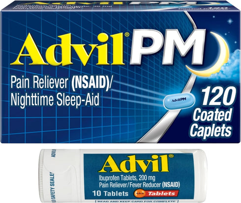 Advil PM Pain Reliever and Nighttime Sleep Aid, Ibuprofen and Diphenhydramine Citrate - 120 Ct Caplets and Pain Reliever and Fever Reducer, 10 Cou...