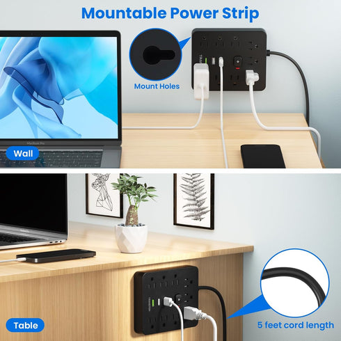 Power Strip Surge Protector with 9 Outlet 3 USB Ports, Fireproof Desktop Charging Station with Flat Plug Wall Mount 5 ft Long Extension Cords for ...
