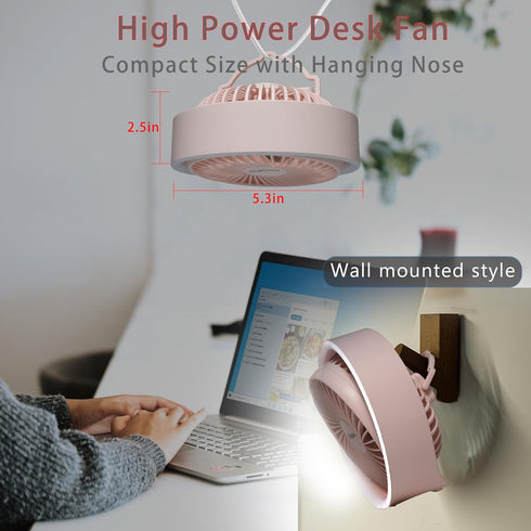 Pink Desk Fans Small Quiet with Ambient Light/Hook Portable USB Fan 5.3in High Power 3000mAH Rechargeable Battery Operate 3 Speed 180°Rotated Easy...