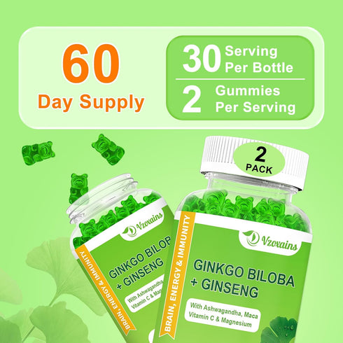 2 Pack Ginkgo Biloba Gummies with Ginseng Maca Root & Magnesium Organic Ginko Biloba Supplements Gummies for Brain Focus Energy Mood Memory - Adul...
