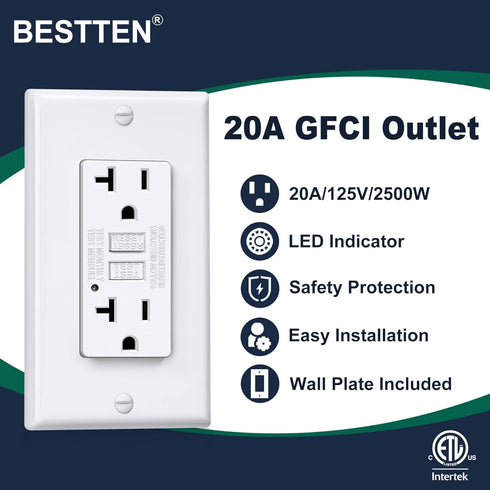 BESTTEN GFCI Outlet 20 Amp, GFI Electrical Receptacle with LED Indicator, 20A Non-Tamper-Resistant Ground Fault Circuit Interrupter, Wallplate Inc...