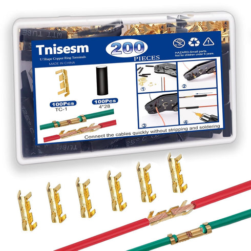 Tnisesm 200Pcs U Shape Copper Ring Terminals,Open Barrel Crimp Terminals with Heat shrinkable tube, Butt Connector for Electricity Automotive...