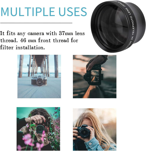 2X Telephoto Lens, Magnification HD Converter Lens for 37mm Mount Camera, Doubles Camera Zoom Default...