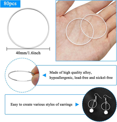 80Pcs Earring Hoops for Jewelry Making, 40mm Earrings Beading Hoop Earrings Findings Hypoallergenic Round Circle Hoop Earrings Open Bezel Pendant ...