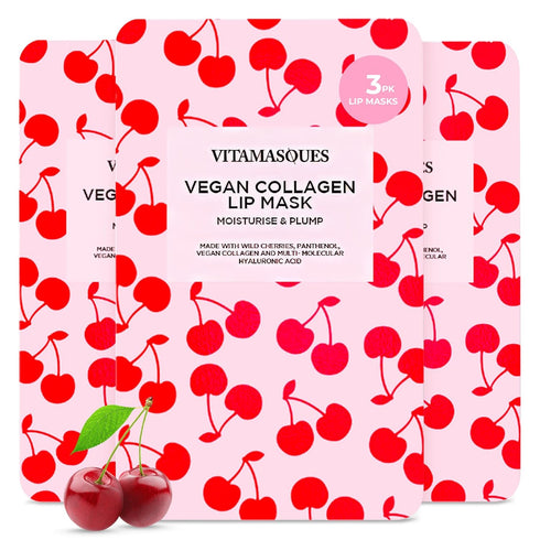 Lip Mask by Vitamasques, 3-Pack - Cherry Vegan Collagen Lip Mask Sheets, Repair for Dry & Chapped Lips - Nourishing & Hydrating - Wild Cherries & ...