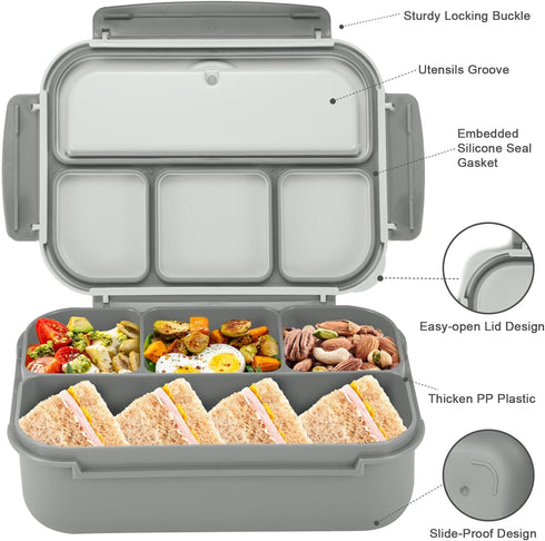 Bento Box Adult Lunch Box, Lunch Containers for Kids Girls Boys with 4 Compartments, Lunchable Food Container with Utensils, Sauce Jar, Muffin Lin...