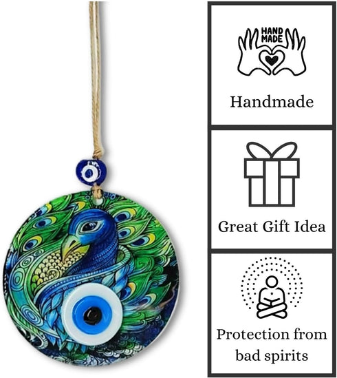 Fusion Peacock Design 4.7" Glass Evil Eye Wall Hanging Decor, Handmade, Home Protection, Good Luck Charm - Greek, Turkish Decor, Ojo Turco, Nazar ...