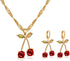 Pingyongchang Unique Chic Charm Sparkly Red Crystals Cherry Statement Earrings Necklace Sets Green Leaf Red Rhinestones Fruit Cherry Dangle Earrin...
