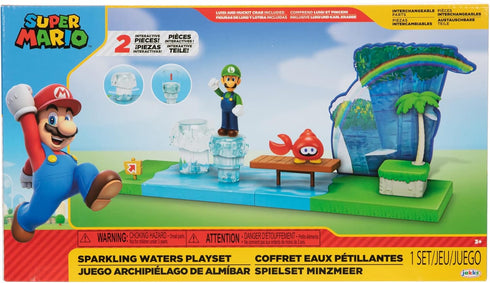Super Mario Sparkling Waters Action Figures Playset Includes 2.5 Inch Luigi & Red Huckit Crab with Interactive Pieces...