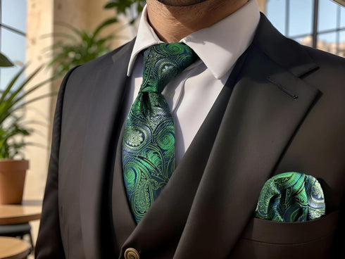 S&W SHLAX&WING Ties for Men Green White Paisley Classic Size Necktie with Pocket Square...