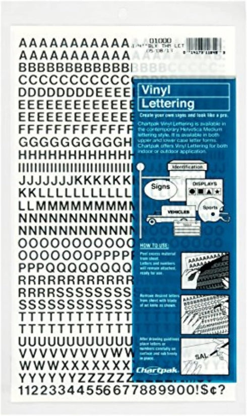 Chartpak Press-On Vinyl Letters and Numbers, Self Adhesive, Black, 0.25"h, 610/Pack...