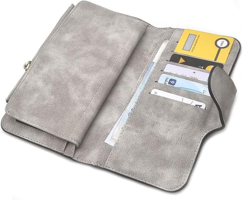 Soft PU Leather Trifold Women's Fashion Wallets Card, Coin Organizer Buckle Opening Lady Clutch (Gray)...