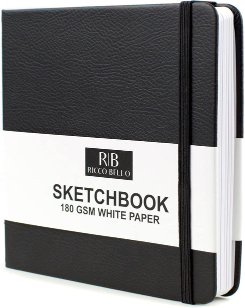 Ricco Bello 5.5 x 5.5 inch Small Square Sketchbook for Drawing - 180 GSM Thick Paper, Faux Leather Hardcover, for Use with Pen, Pencil, Water Base...
