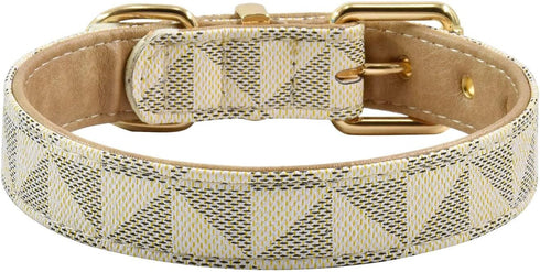 Leather Dog Collar and Leash Set, Check Pattern Dog Collar Leashes Metal Buckle Adjustable Durable for Small Medium Large Dogs (White, L(14.5-18.5...