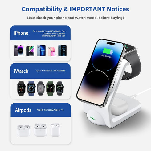 Wireless Charger Charging Station Magnetic 3 in 1 Charging Station for Apple Multiple Devices for Apple -15/14 Pro Max, iWatch Ultra/8/se/7/6/5/4/...