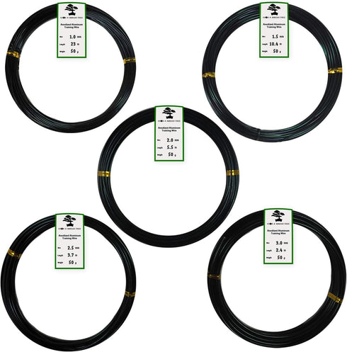 Anodized Aluminum Bonsai Training Wire 5-Size Starter Set with Canvas Bag - 1.0mm, 1.5mm, 2.0mm, 2.5mm, 3.0mm (147 feet total) - Choose Your Color...
