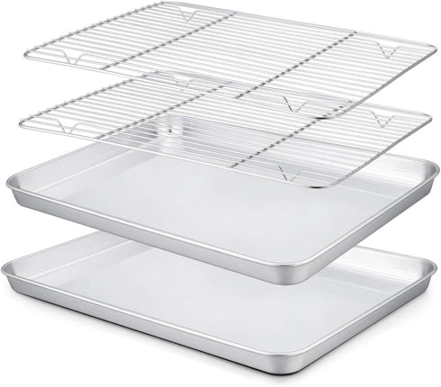 TeamFar 10.5’’ x 8’’ x 1’’ Toaster Oven Pan with Rack Set, Small Baking Pans Tray Stainless Steel with Cooling Rack Set of 4, Non-Toxic & Heavy Du...
