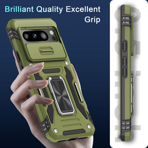 DEERLAMN for Google Pixel 8 Pro Case with Slide Camera Cover+Screen Protector (1 Pack), Rotated Ring Kickstand Military Grade Shockproof Heavy Dut...