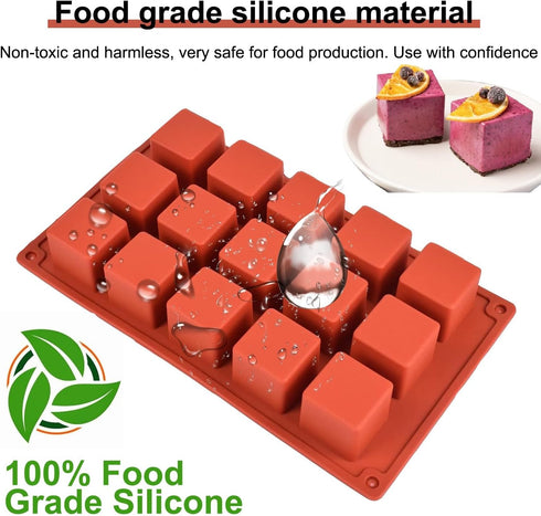 Square Silicone Mold, Cube Mousse Cake French Dessert Baking Molds, 2 Pack 15 Cavity Lollipop Silicone Molds for Soap, Candy Chocolate Cubes, Ice ...