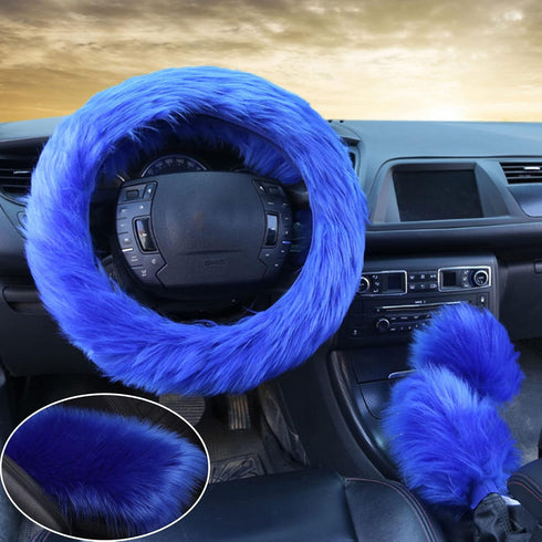 4Pcs/Set Faux Wool Fluffy Steering Wheel Covers Long Fur Gear Shift Cover,Handbrake Cover,Fluffy Armrest Cover Fuzzy Furry Car Accessories Long Ha...