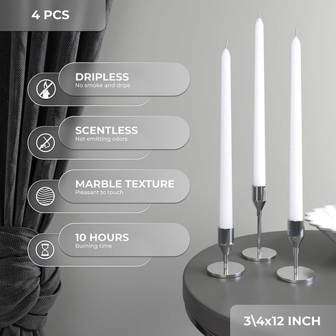 CANDWAX White Taper Candles 12 inch Dripless - Set of 4 Tapered Candles Ideal as Dinner Candles - Smokeless and Unscented Taper Candles Long Burni...