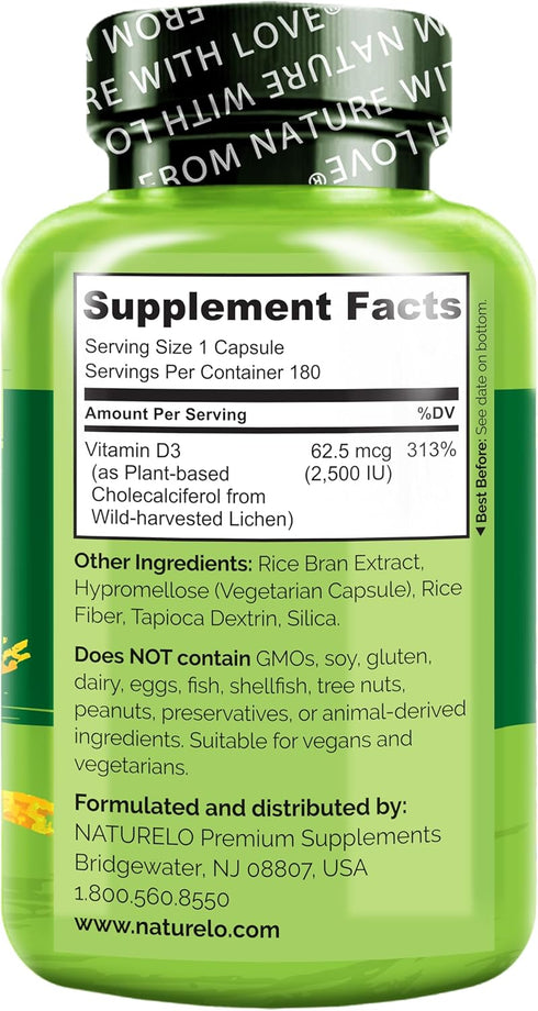 NATURELO Vitamin D - 2500 IU - Plant Based from Lichen - Natural D3 Supplement for Immune System, Bone Support, Joint Health - Vegan - Non-GMO - G...