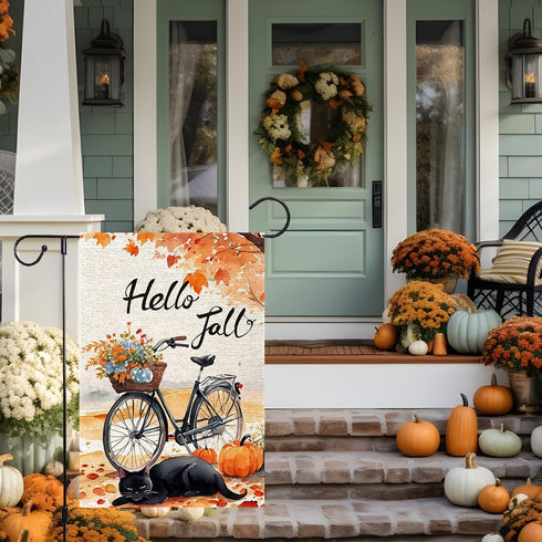 Hello Fall Garden Flag 12x18 Double Sided, Small Burlap Autumn Black Cat Bicycle Garden Flag Fall Thanksgiving pumpkin Outside Outdoor House Yard ...