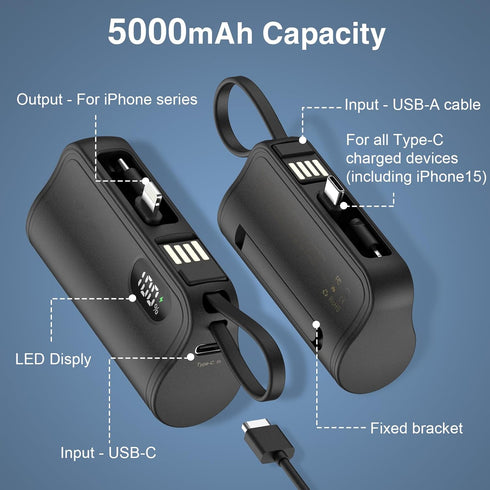 Mini Power Bank Portable Charger with Portable Connector, USB-C Compact Battery Pack Travel Portable Phone Charger Compatible with iPhone 15/15 Pr...