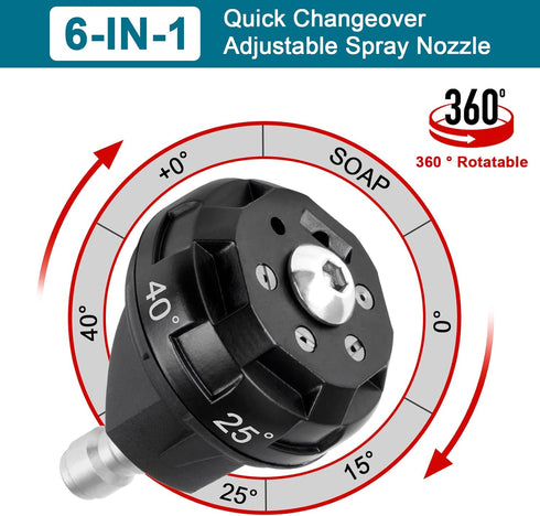Pressure Washer Spray Nozzle, Adjustable 6-in-1 Quick Changeover Power Washer Nozzle for High Pressure Washer, 1/4in Plug Connect Tips...
