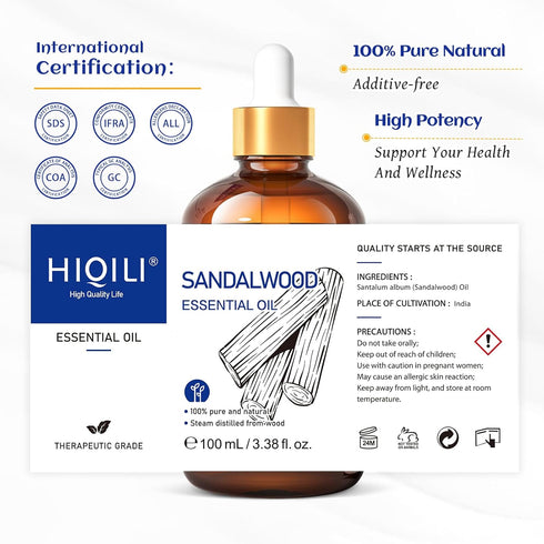 HIQILI Sandalwood Essential Oils, Long-Lasting Scent for Perfume, Diffuser, Soap Making & Candle- 3.38 Fl Oz...