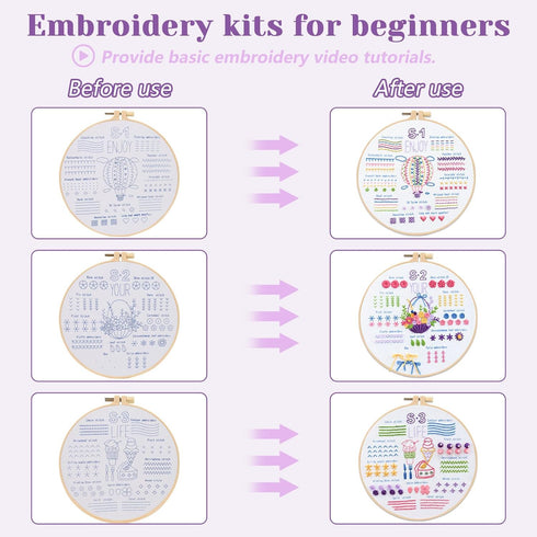 Sekonow 3 Sets Embroidery Kit for Beginners with 3 Hoops, 33 Different Stitches with Patterns, Craft Needlepoint Embroidery Starter Kit for Adults...