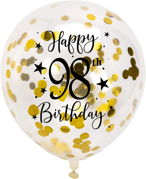 Gold 98th Confetti Latex Balloons, Woman or Man Happy 98 Years Birthday Party Balloon Decoration With Confetti, 12in, 16 Pack...