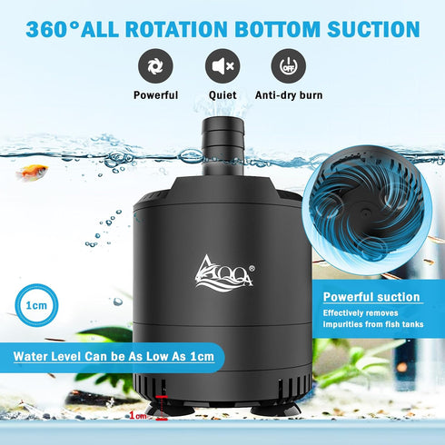 AQQA 160-800GPH Aquarium Submersible Water Pump Fish Tank Small Water Pump Adjustable Waterflow with 2 Nozzles for Fish Tank Water Circulation Poo...