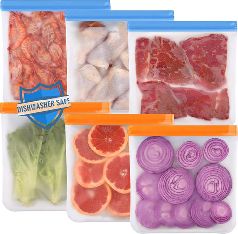 Lerine 6 Pack Reusable Gallon Freezer Bags Dishwasher Safe, BPA Free Reusable freezer bags 1 Gallon, Extra Thick Leakproof Reusable Silicone Stora...