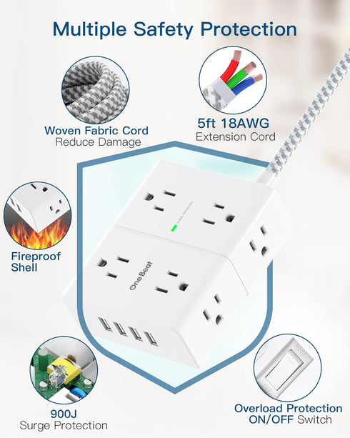 Extension Cord 6 Ft, Surge Protector Power Strip - 8 Widely Outlets 4 USB Ports 10 Ft Long Cord, Flat Plug, Wall Mount, 3-Side Outlet Extender Ove...
