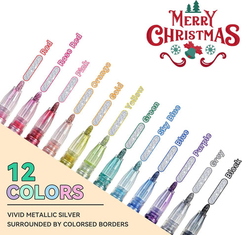 Double Line Outline Pens, 12 Colors Self-outline Metallic Markers, Shimmer Glitter Pens Set for Christmas Card Writing, Birthday Greeting, DIY Art...