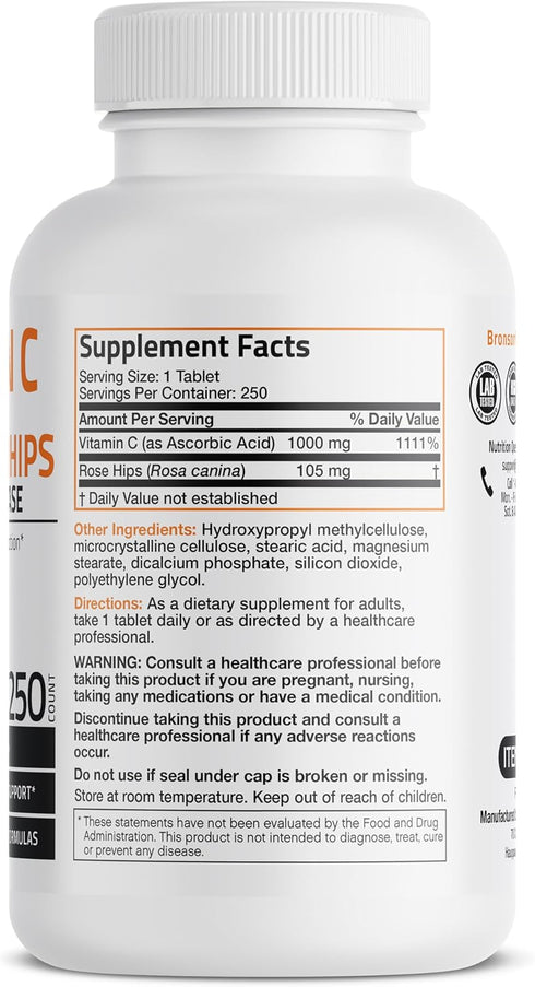 Bronson Vitamin C 1000 mg with Rose HIPS Sustained Release, 250 Tablets...