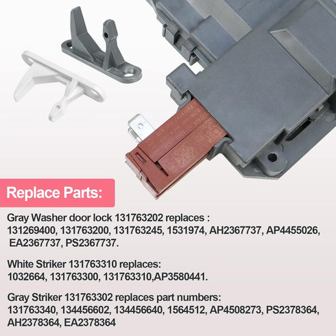 Upgraded New 131763256 Washer Door Latch Lock Lid Switch with 131763202 131763310 Door Striker Part Compatible with Frigidaire, Kenmore, Electrolux, GE Front Load Washer 1317632 131763255 131269400