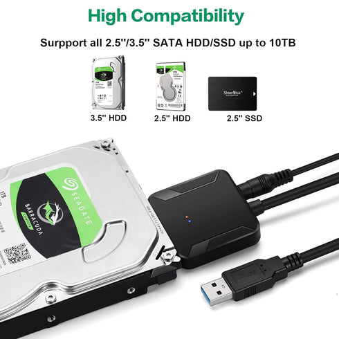 SATA to USB 3.0 Adapter, External Hard Drive Converter Cable for 2.5" 3.5" HDD, SSD with Power Supply...