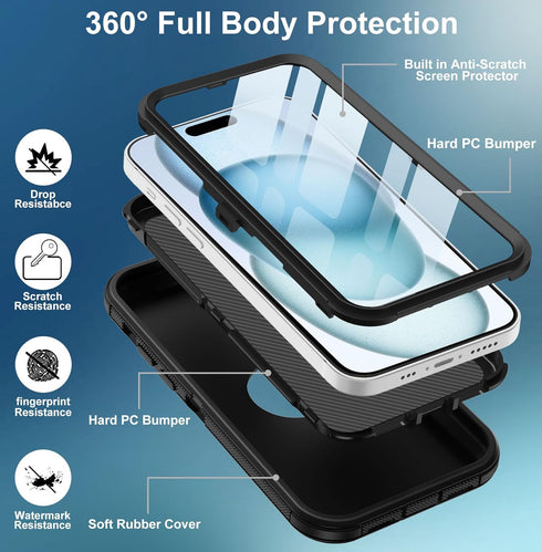 for iPhone 15 Plus Case, with Built in Screen Protector Heavy Duty Drop Protection, Full Body Rugged Shockproof Dust Proof Protective Phone Cover ...