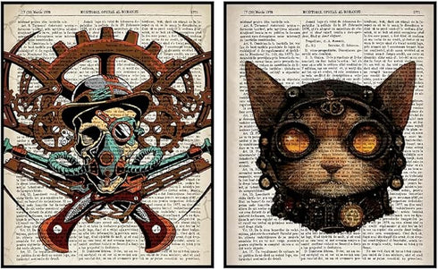 Posterizer 2 pcs-Steampunk Gothic Skull and Cat Dictionary Art-Retro Art-Art for Animal Lovers-Gift for Steampunk or Goth Fans-Living Room Bedroom...