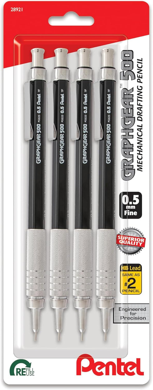 Pentel GraphGear 500 Mechanical Drafting Pencil, (0.5mm), Fine Line, Black Barrel, Pack of 4 (PG525BP4A)...