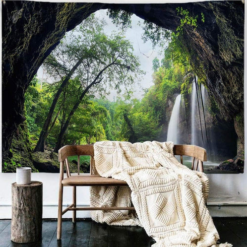 FENDROM Green Misty Forest Tapestry Wall Hanging Nature Mountain Cave Landscape Tapestry Waterfall River Tapestries for Bedroom Living Room Dorm D...