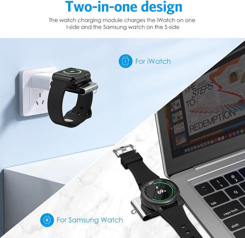 Criacr Portable Magnetic 2 in 1 Wireless Charger for Apple Samsung Watch, Wireless Fast Watch Charger Stand, Compatible with Apple Watch Series 8 ...