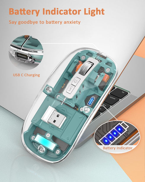 Uiosmuph Bluetooth Wireless Mouse Tri-Mode (BT5.1+BT5.1+2.4GHz) USB C Rechargeable Transparent Computer Mouse Silent with USB Receiver & Type C Ad...